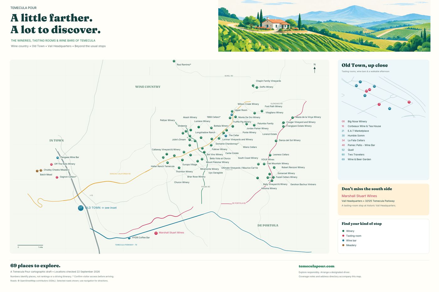 Illustrated map of Temecula Valley showing the locations of 69 wineries, tasting rooms, wine bars and meaderies, grouped by area with an Old Town inset